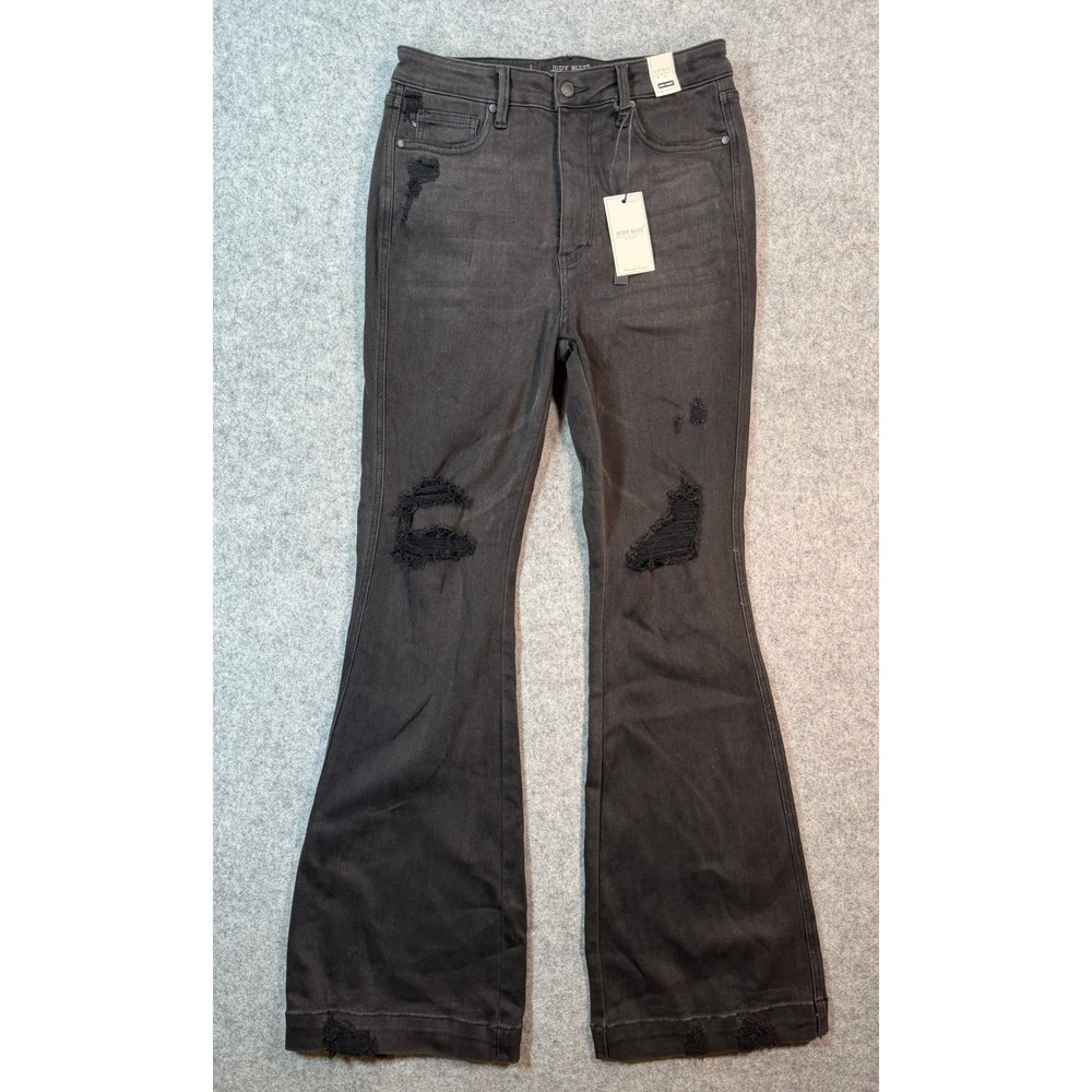 Judy Blue High Waist Flare Jeans Black Distressed Control Top 11/30